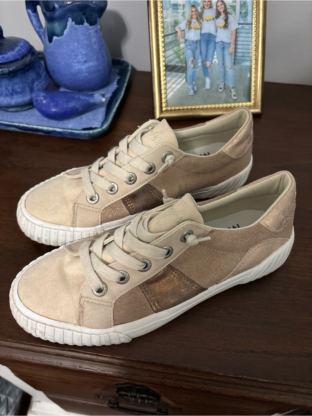 Blowfish Beige Suede Sneakers with Metallic Bronze Accent